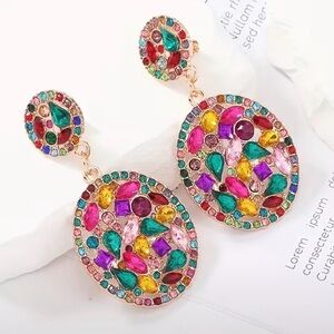 NO PIERCING NEEDED Colorful Rhinestone Clip on Drop Earrings